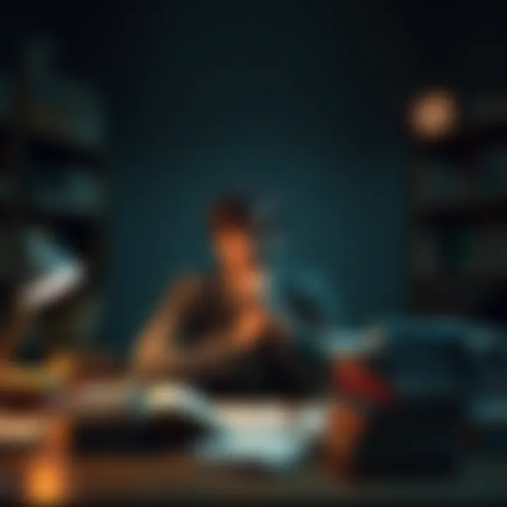 A person sitting at a desk with a thoughtful expression, surrounded by books and notes, symbolizing reflection on thoughts and critical thinking.