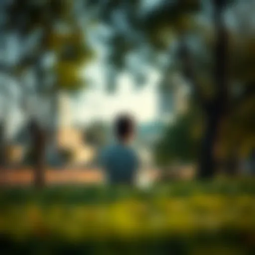A person sitting quietly in a park, deep in thought, surrounded by nature. They appear contemplative and focused on their reflections.
