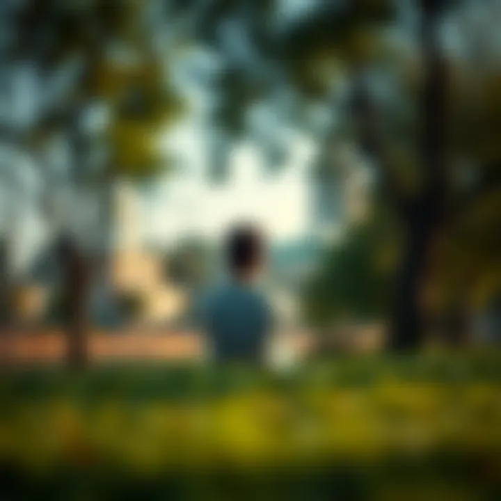A person sitting quietly in a park, deep in thought, surrounded by nature. They appear contemplative and focused on their reflections.