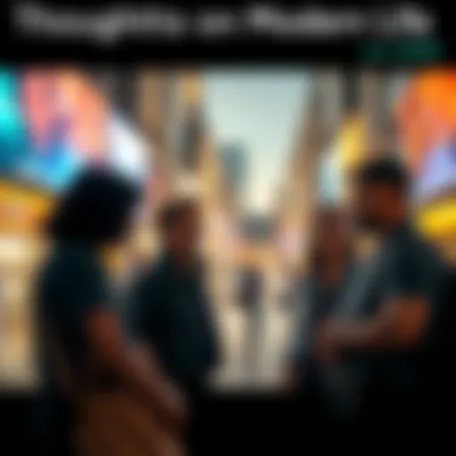 A group of people engaging in deep conversation about current societal issues in a city setting, reflecting on life in 2026.