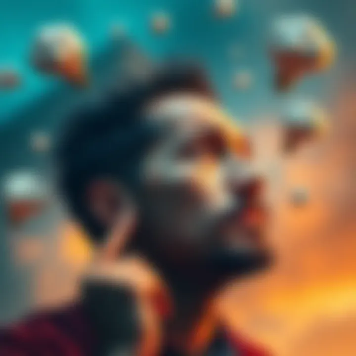 A person pondering over decisions with a thoughtful expression, surrounded by floating thought bubbles representing various ideas.