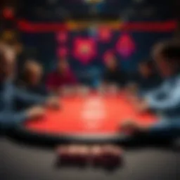 Players at a poker table with three cards in hand and six community cards on display.