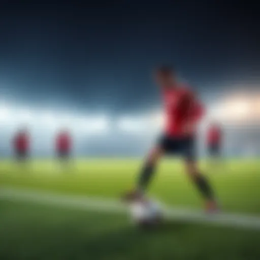 A soccer player with three legs demonstrating offensive tactics on the field while teammates observe, focusing on a strategy for scoring a touchdown
