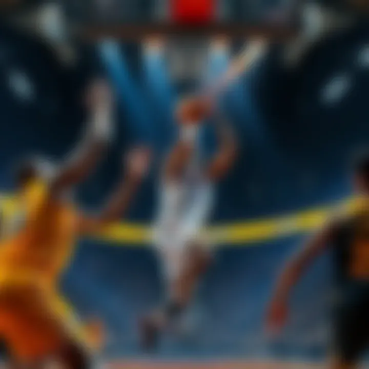 A basketball player takes a three point shot during a game, surrounded by defenders.