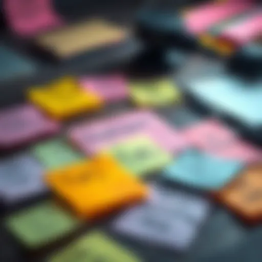 A collection of colorful sticky notes with tips and strategies for success on a desk