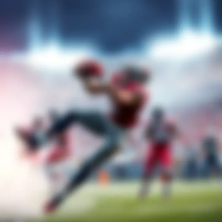 A tight end catching a football during a game, showcasing athleticism and skill, with teammates and opponents in the background.