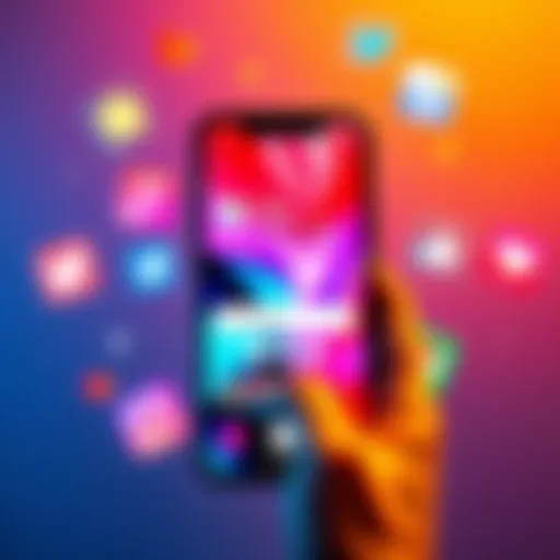 A smartphone displaying a colorful TikTok post with engaging content and likes, surrounded by social media icons