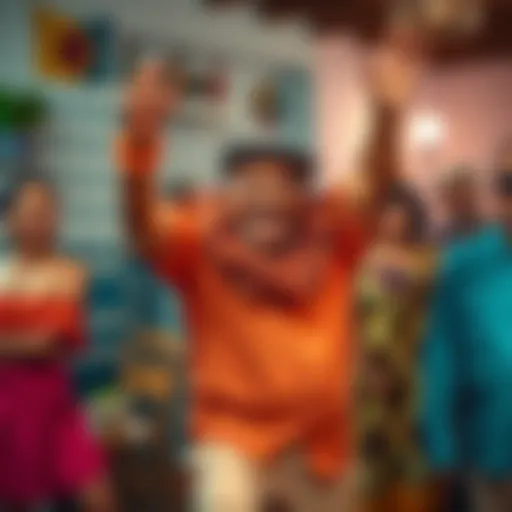 A joyful man dancing salsa while wearing bright clothes and applying oil on his arms, surrounded by family, capturing a blend of humor and nostalgia.