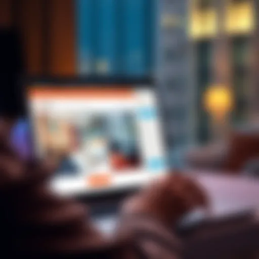 A person looking at a laptop screen with hotel booking websites open, showing rooms and prices.