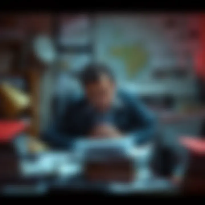 A weary person sitting at a cluttered desk surrounded by paperwork, showing signs of exhaustion and stress.