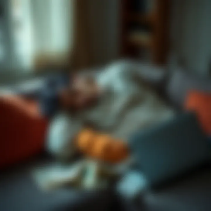 A weary worker resting on a couch after a long day, surrounded by bills and a laptop, representing the struggle of balancing work and finances.