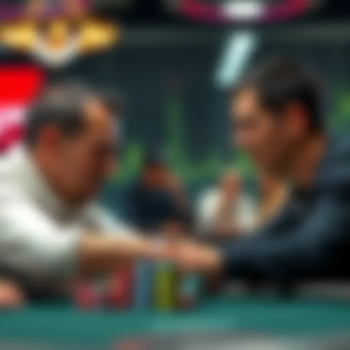 A poker table with Tom Dwan and Patrick Antonius facing off, chips stacked in front of them, focused expressions on their faces as they play against each other.