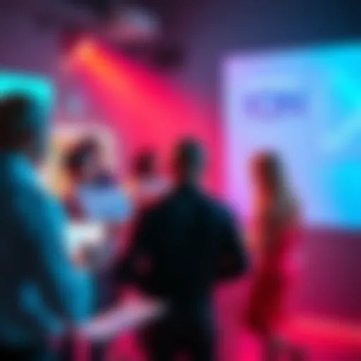 A group of people discussing predictions and insights for tomorrow's top event, showing charts and graphs in a vibrant setting