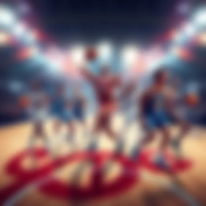 A dynamic basketball scene showcasing seven standout players on the court, highlighting their skills and teamwork