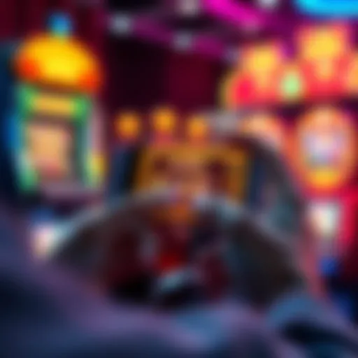 A person using an iPhone to play casino games, featuring colorful slot machines on the screen.