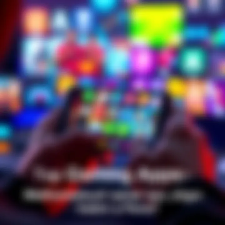 A person using a smartphone to explore gaming apps, with game controllers and a variety of app icons on the screen.