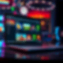 A laptop displaying various online casino websites with colorful graphics and gaming options visible on the screen