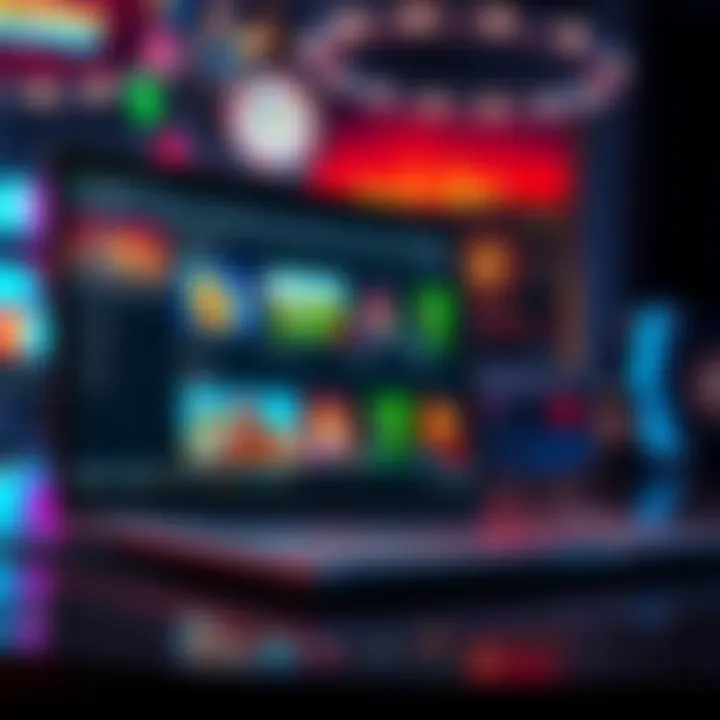 A laptop displaying various online casino websites with colorful graphics and gaming options visible on the screen