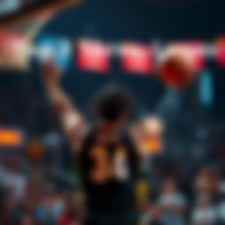 A basketball player makes a three-point shot during a game, with fans cheering in the background.