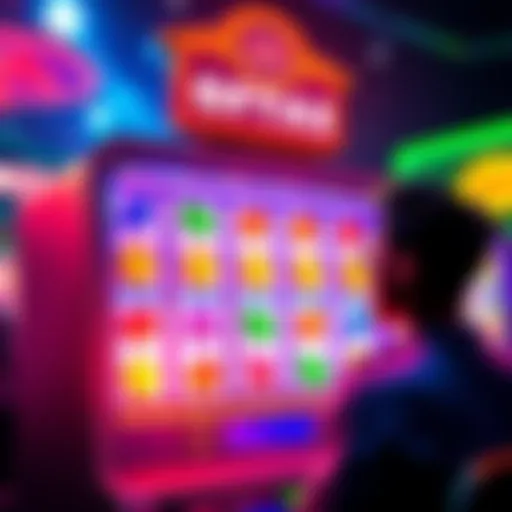 A colorful slot machine showing various offers and coins, with a player contemplating their choices