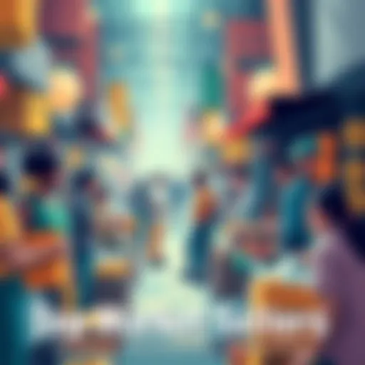 Illustration showing diverse people making transactions in a busy marketplace, highlighting various vendors and their strategies.