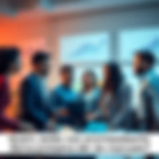 A diverse group of successful salespeople strategizing in a modern office setting with charts and graphs on the wall.