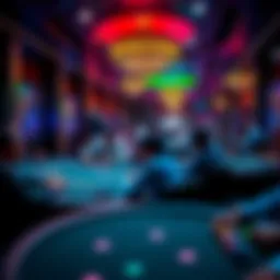 A vibrant poker room with players at tables, focused on their cards and chips, showcasing a lively gambling atmosphere