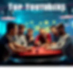 A group of popular YouTubers discussing poker strategies in a lively setting, with poker chips and cards on the table.