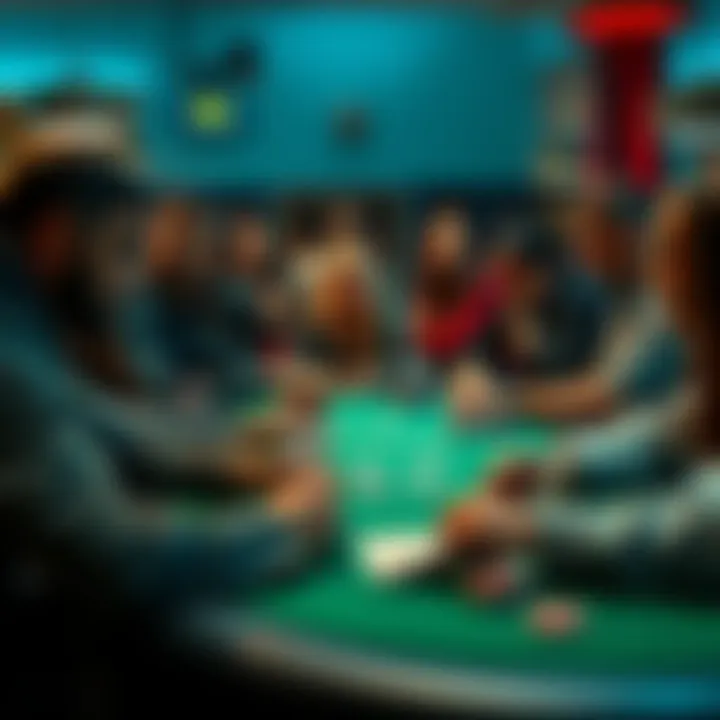 A group of players focused on tournament poker at a table, discussing strategies and playing cards