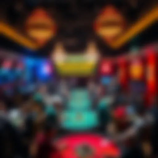 A crowded casino event hosting a guaranteed prize tournament, with players at tables and banners advertising the event.