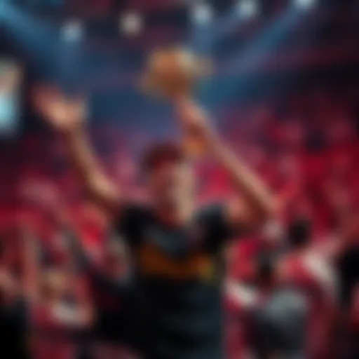 A player joyfully holds a trophy in front of a large crowd after winning a tournament with a $19,000 prize.