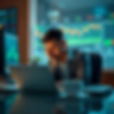 Trader Reflecting on Financial Loss A trader sitting at a desk, looking worried while reviewing financial charts on a laptop, symbolizing the emotional toll of losing money