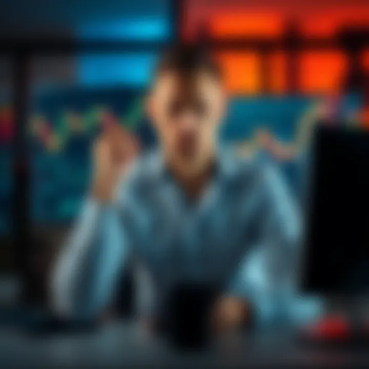 A worried trader sits in front of a computer, showing graphs and losing bets, looking concerned about his financial situation.