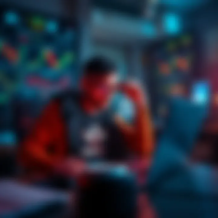 A trader sitting at a desk with a laptop, displaying charts and numbers, showing signs of stress due to financial losses during tax season.