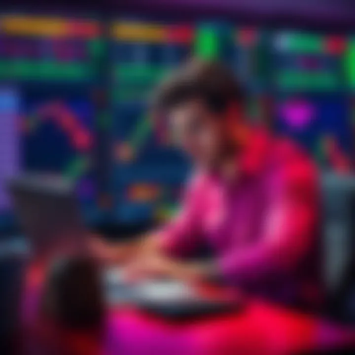 A person sitting at a desk with a laptop, looking stressed while reviewing trading graphs and charts, showing emotions of frustration and concern after losses in options trading.