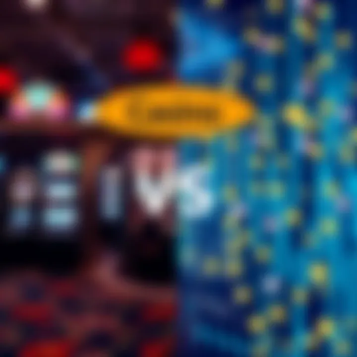 A split image showing a traditional casino with bright lights and slot machines on one side and a digital representation of cryptocurrency transactions on the other side.