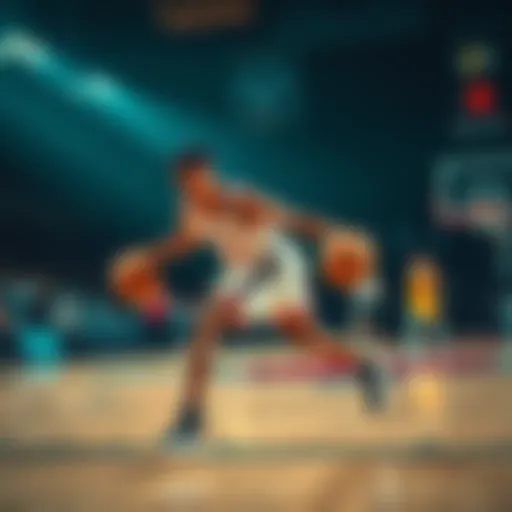 Trae Young dribbling the basketball on the court, showcasing his skills