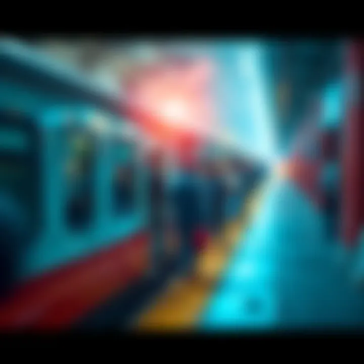 Train journey of success A bustling platform with people boarding a train, excited for a successful journey ahead
