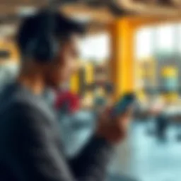 A person using a smartphone app to practice training scenarios for skill improvement in a gym setting