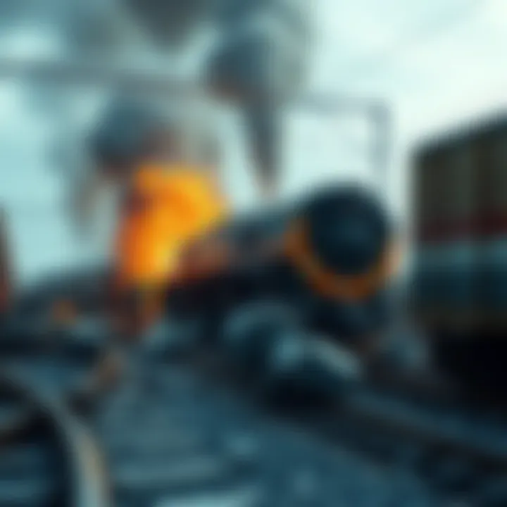 TrainWreck Phenomenon Impact A train wreck scene representing the disruption in industry and society due to the TrainWreck phenomenon