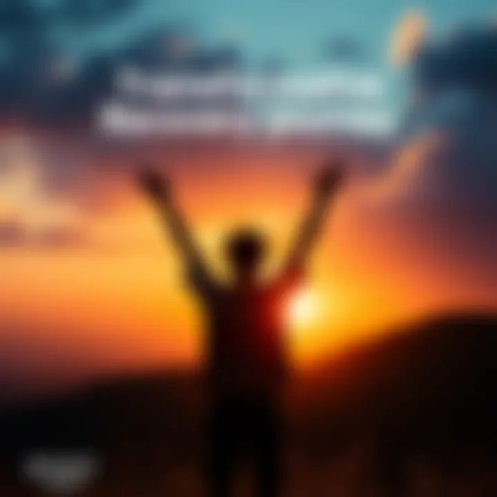 Transformative Recovery Journey A person looking at a sunrise, symbolizing hope and new beginnings in recovery. They are standing on a hill, arms raised in triumph.