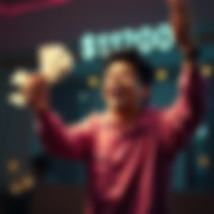 A person celebrating after turning a $5 investment into $1200, holding cash and looking excited