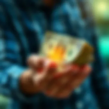 A person holding a stack of cash representing investment growth, with a small bill clearly visible in their hand.