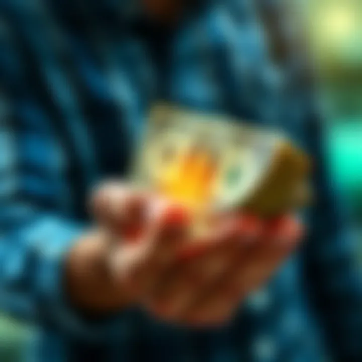 A person holding a stack of cash representing investment growth, with a small bill clearly visible in their hand.