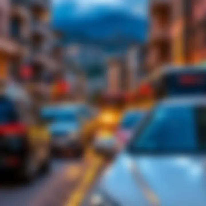 A street scene showing different transportation options in Colombia, including cars, buses, and ride-sharing vehicles.