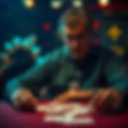 A stressed poker player staring at a losing hand at a table, with cards spread out, showing disappointment