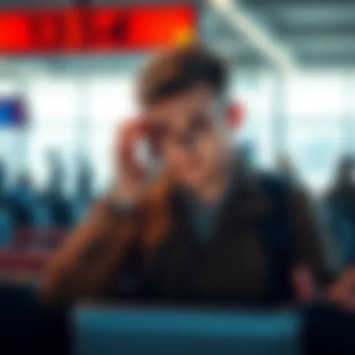 Traveler on the phone seeking help A frustrated traveler on the phone at an airport, trying to resolve issues with travel rewards programs.