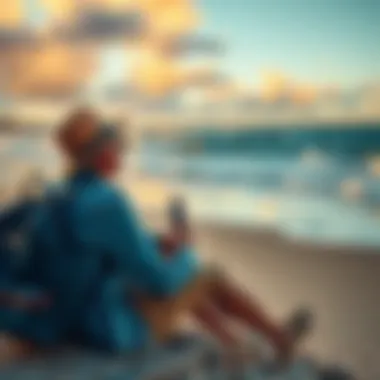 Traveler reflecting on Australia A thoughtful traveler sits by a beach in Australia, contemplating their journey and experiences, with waves gently crashing in the background.