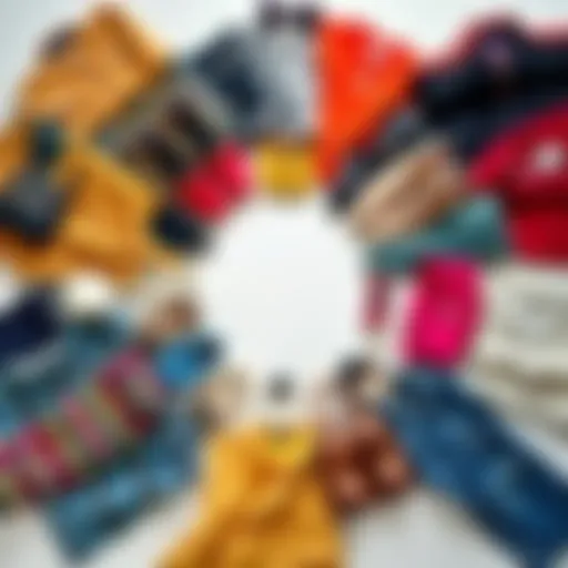 A collection of popular fashion items arranged in a circular pattern, symbolizing the repetition of styles over time.
