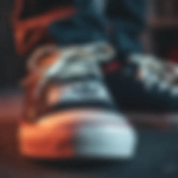 A close-up of trendy sneakers featuring a prominently displayed label, symbolizing personal style and confidence.